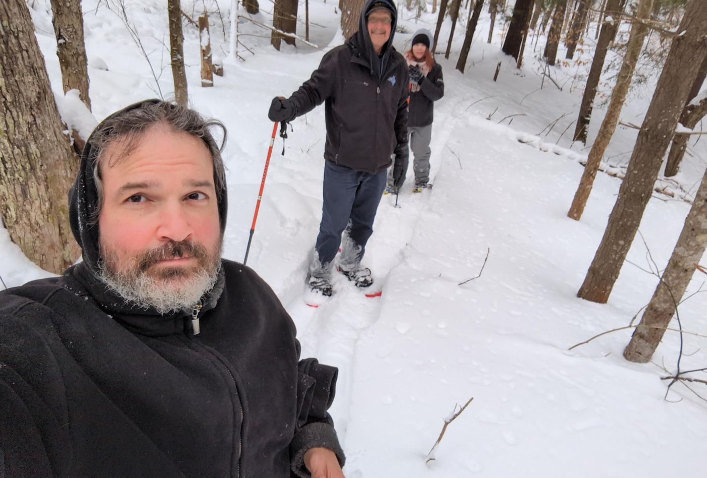 bearded camper selfie in the snowy woods at Bartertowne, Canaan New Hampshire