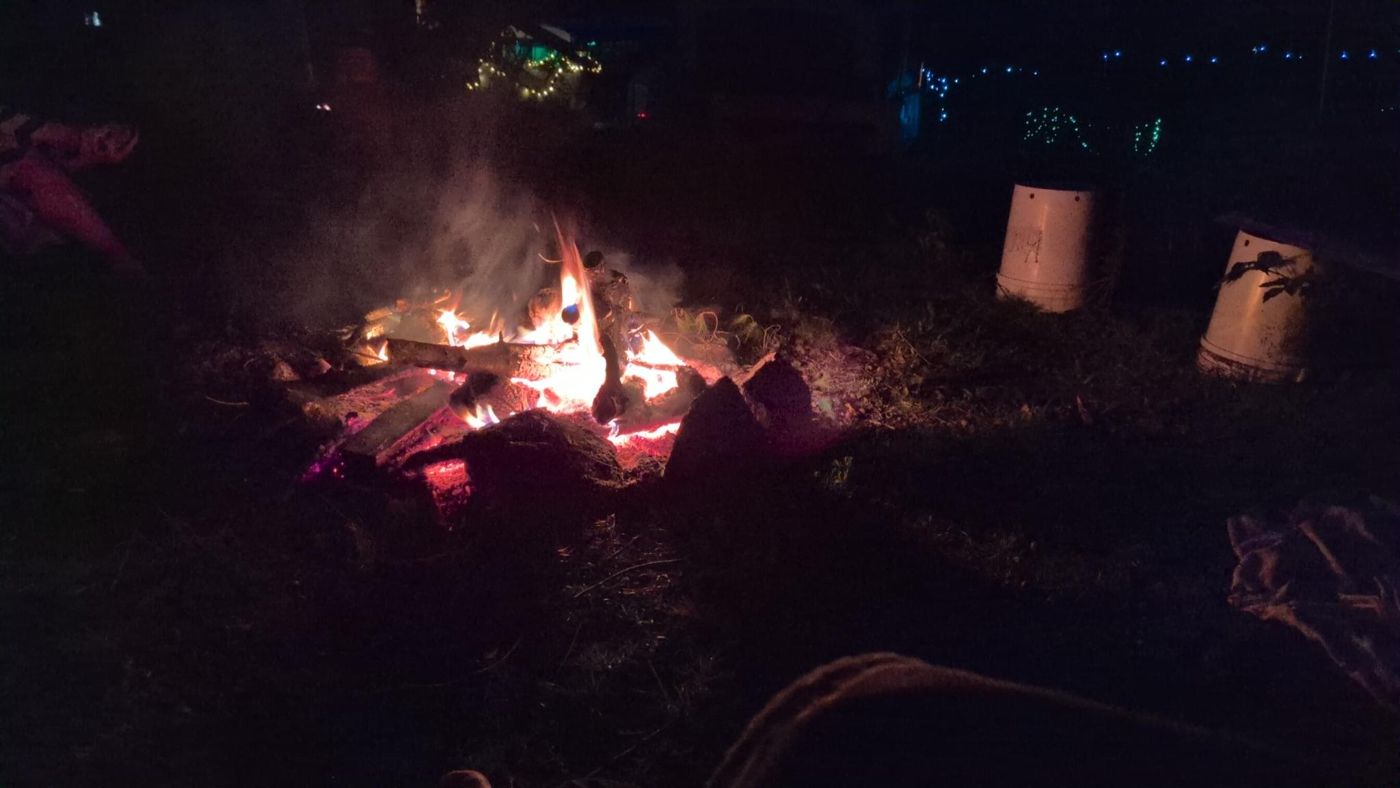 evening bonfire gathering at camp at Bartertowne, Canaan New Hampshire